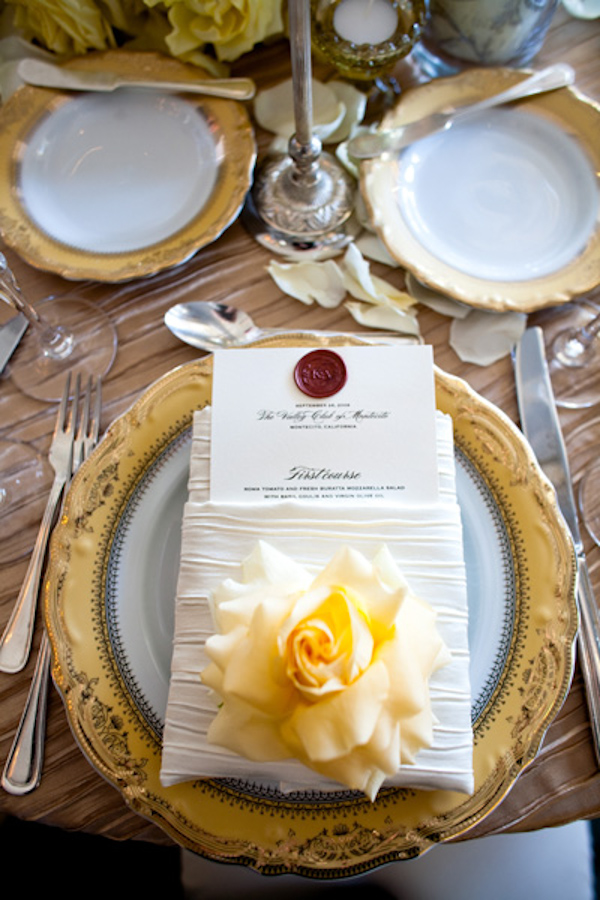 reception yellow and ivory and gold tabletop detail - real wedding photo by Orange County photographers Boutwell Studio